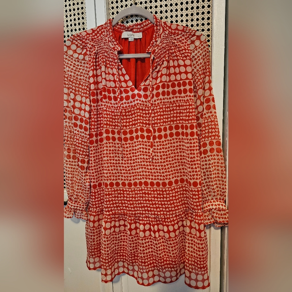 LOFT Red and White Graphic Long Sleeve Blouse